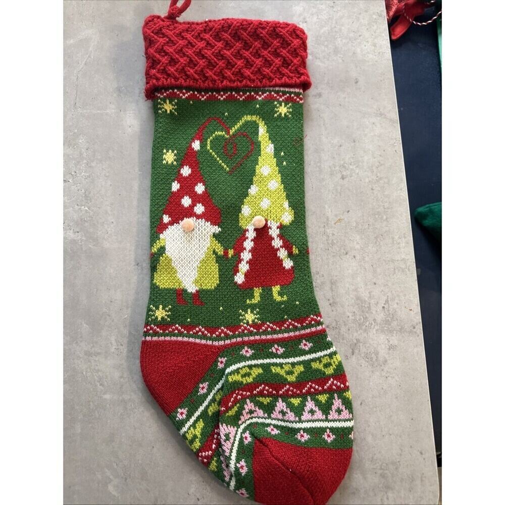 New W/out Tag World Market Knit Gnome Christmas Stocking Red & Green Hygge Pom J
